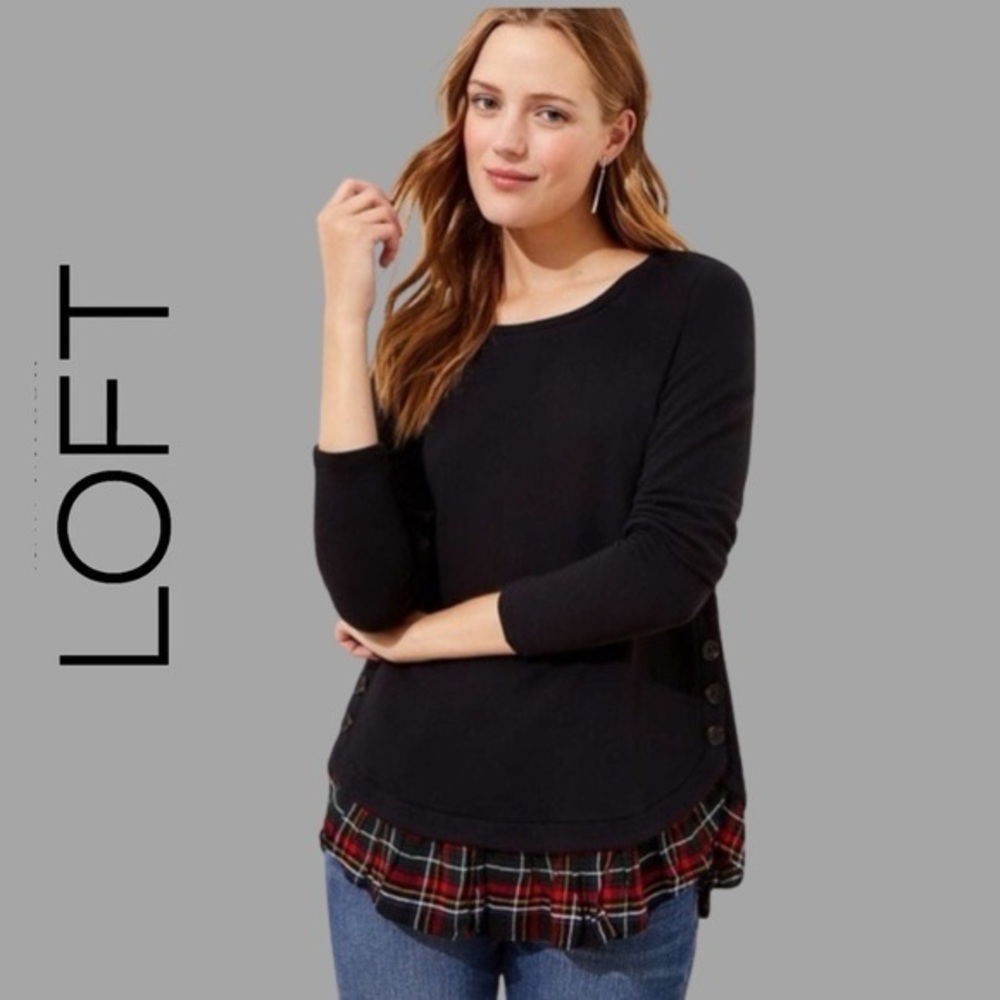 NWOT Loft Black Top with Plaid Ruffle Trim Size SP